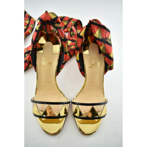 Christian Louboutin Baigneuse 100 Black Gold Red PVC Lace Up Sandal Heel Pump 37 - Picture 7 of 12